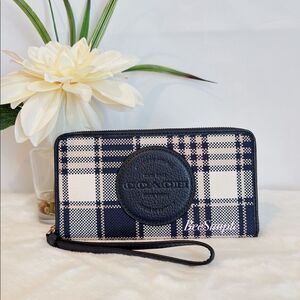 Coach Dempsey Large Phone Wallet With Garden‎ Plaid Print And Coach Patch